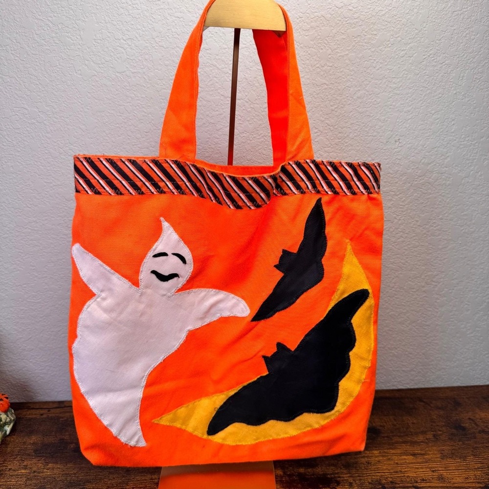 Handmade Halloween Trick or Treat Bag 1990s Ghost Bats Moon Orange Applique
